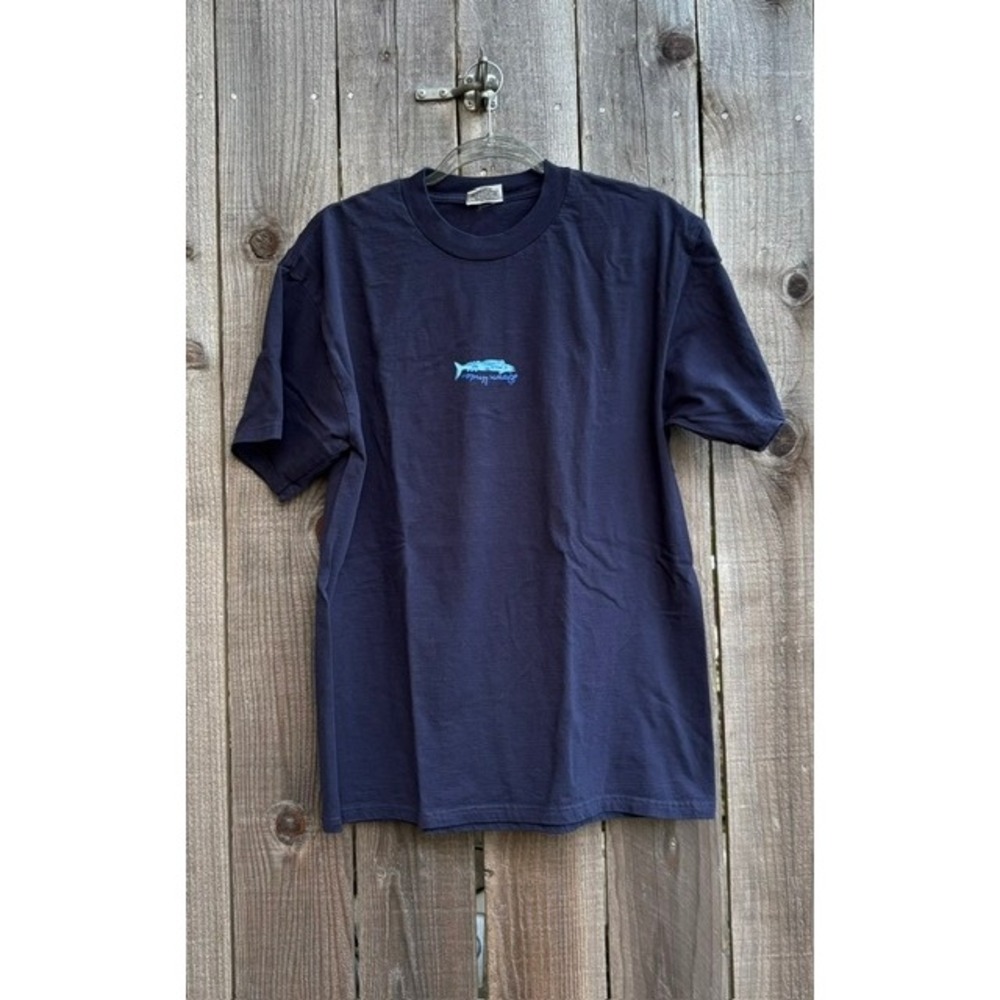 Down Under Mens Navy Blue Graphic Fishing T-Shirt Large Fish Print Back Crewneck